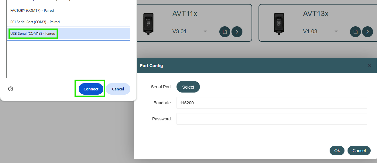 Serial port picker with USB Serial COM port selected and Connect