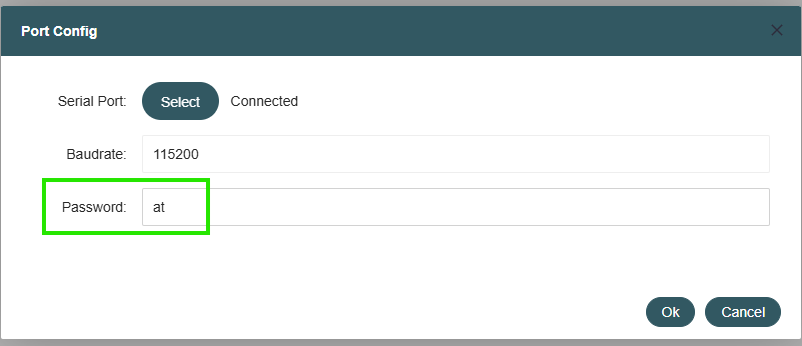 Port Config dialog with device password at entered