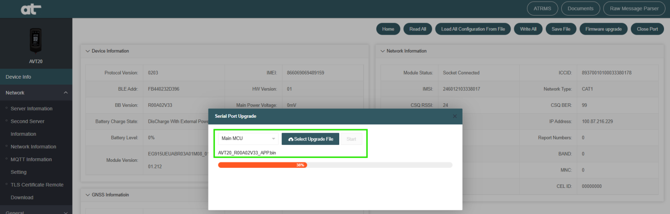 Firmware Upgrade dialog with Main MCU selected and Start button