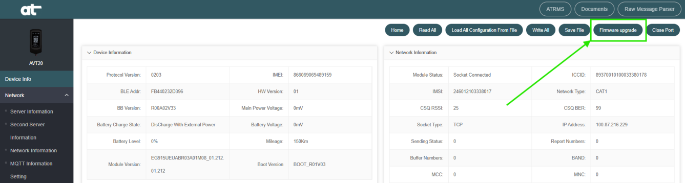Configurator Device Info screen with Firmware upgrade button highlighted