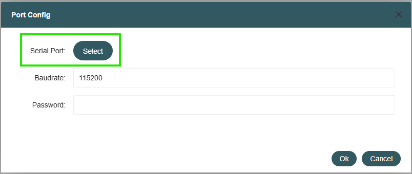 Port Config dialog highlighting the Select Serial Port button