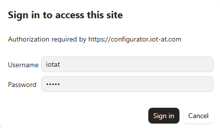 Configurator Sign in dialog with username iotat