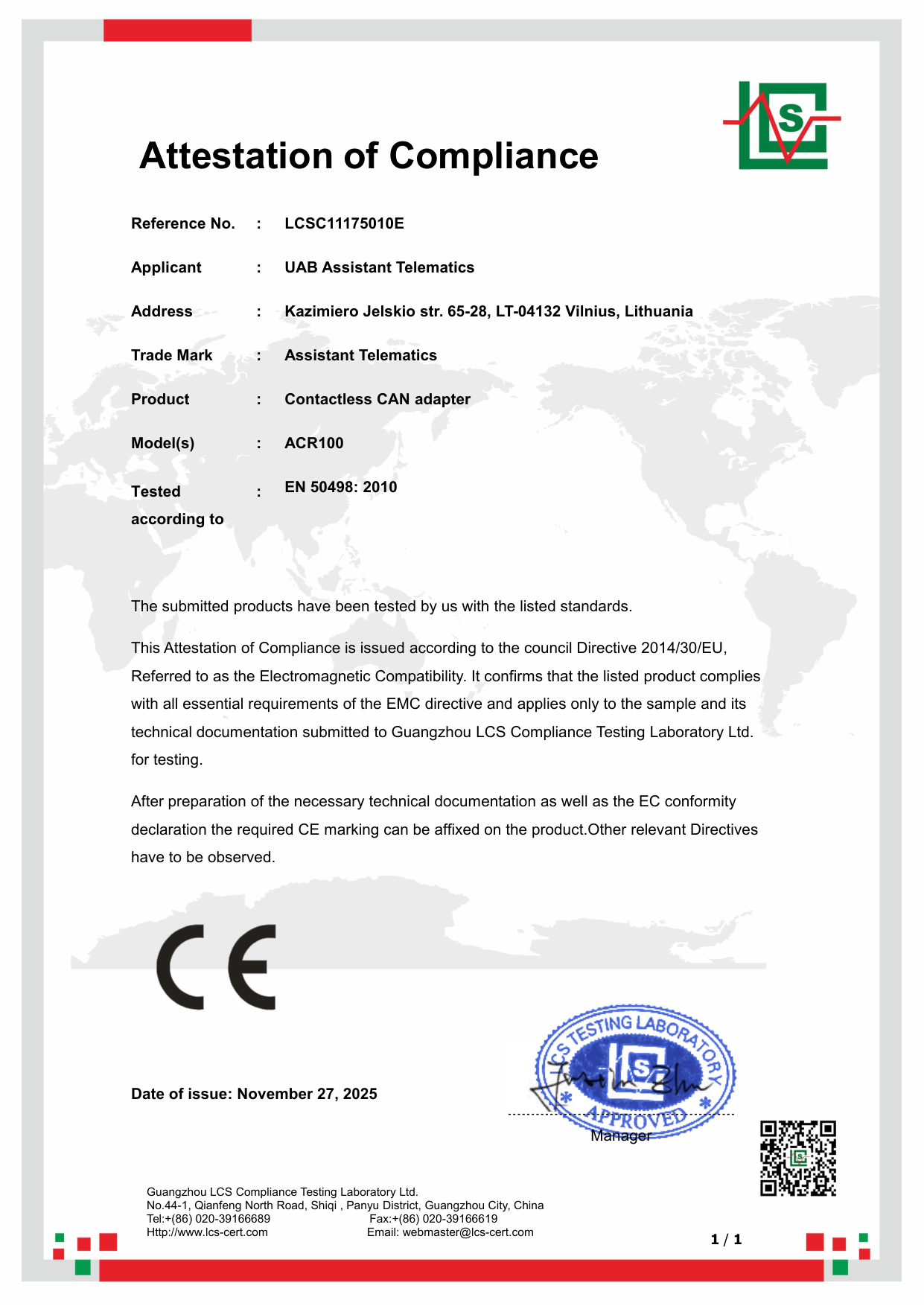 ACR100 — CE EMC (LCS) — Page 1 of 1