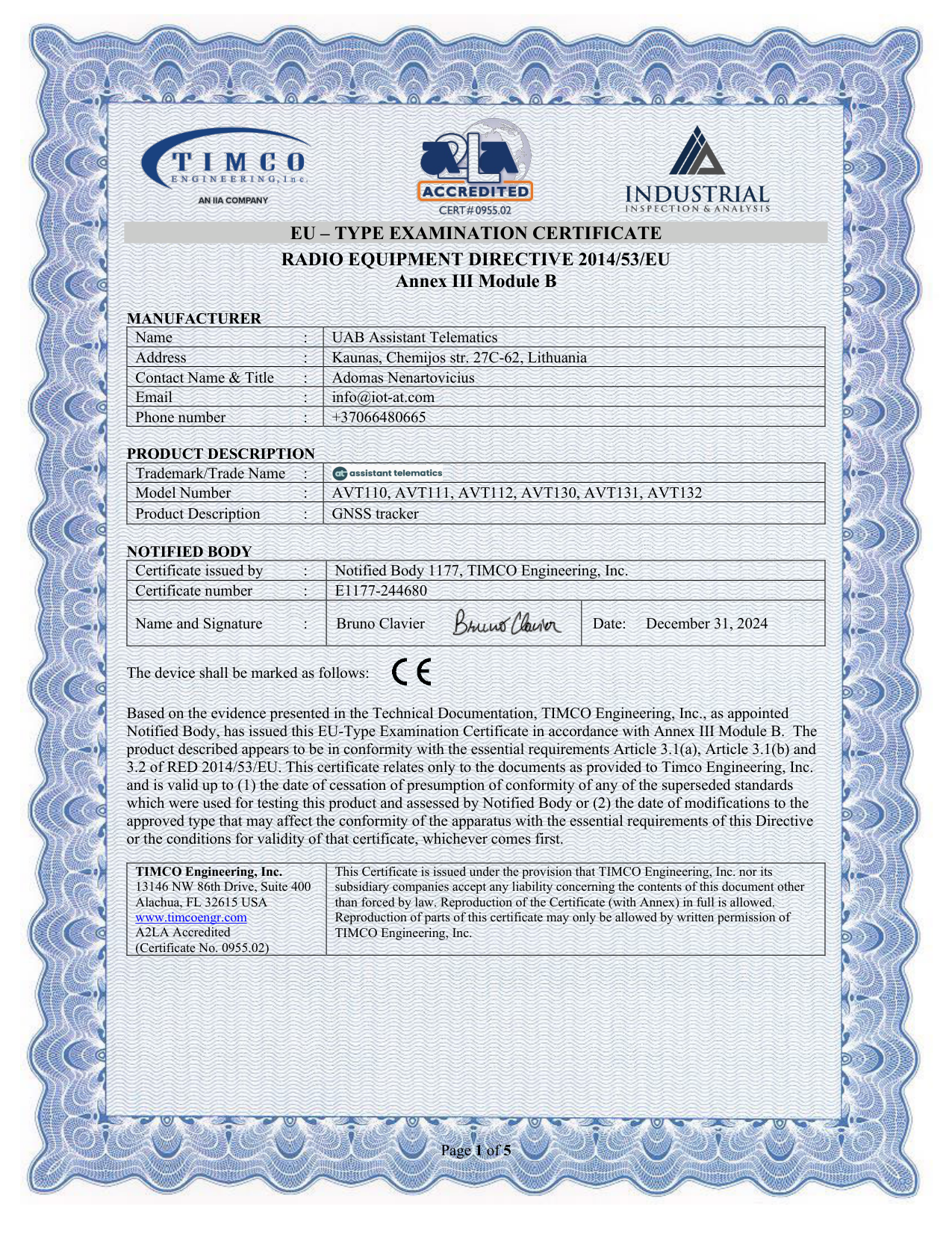 AVT110T — CE RED (TIMCO) — Page 1 of 5